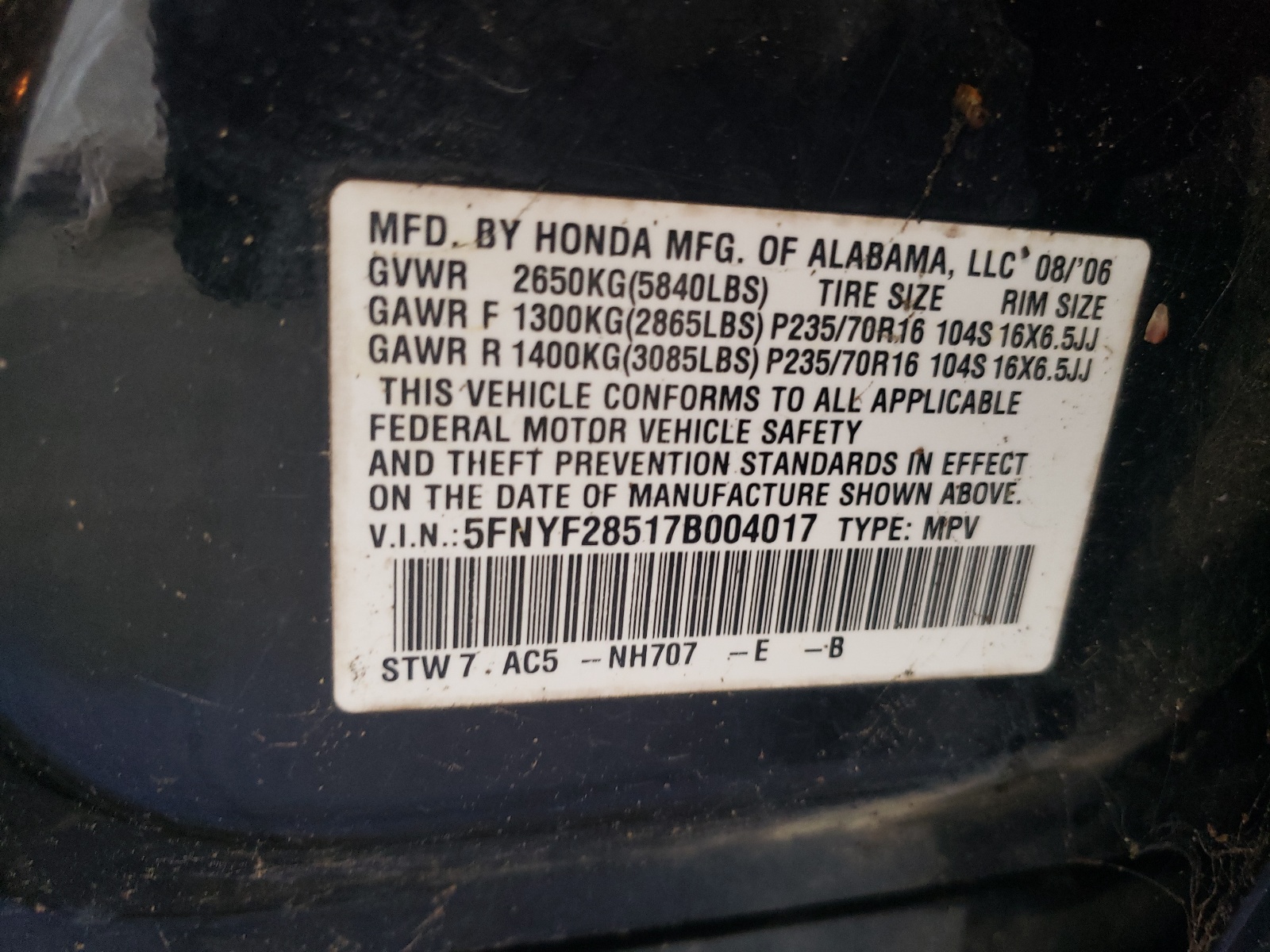 5FNYF28517B004017 2007 Honda Pilot Exl