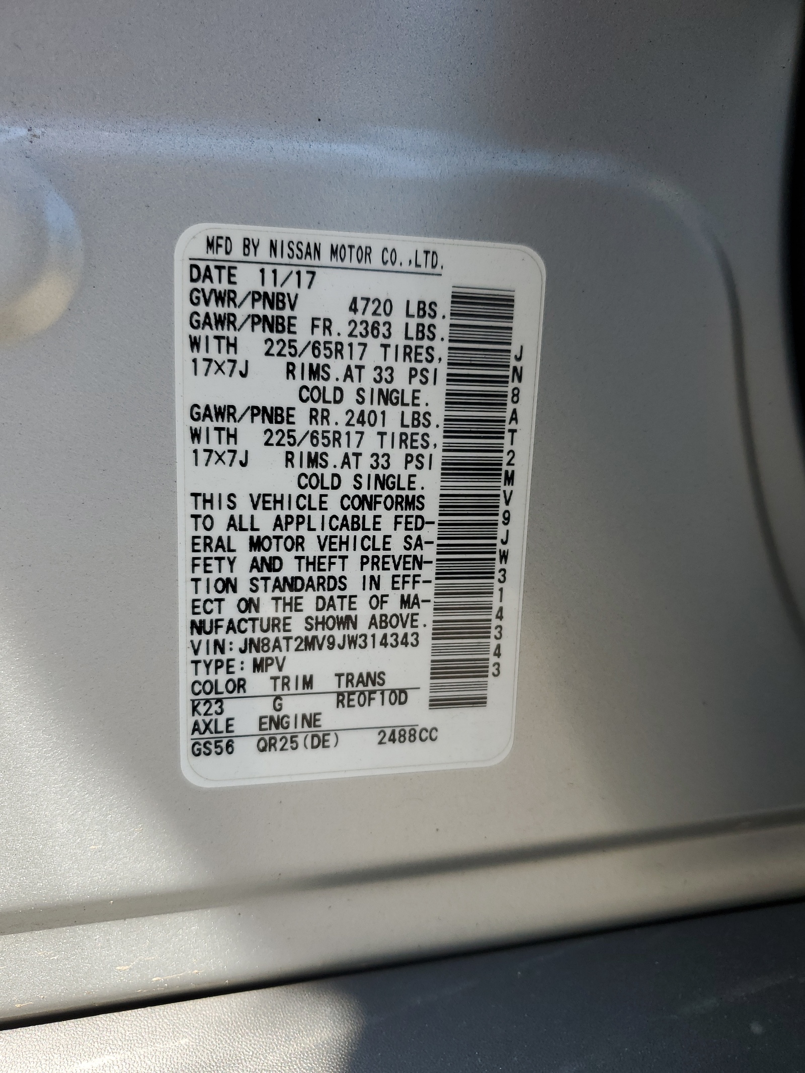 JN8AT2MV9JW314343 2018 Nissan Rogue S