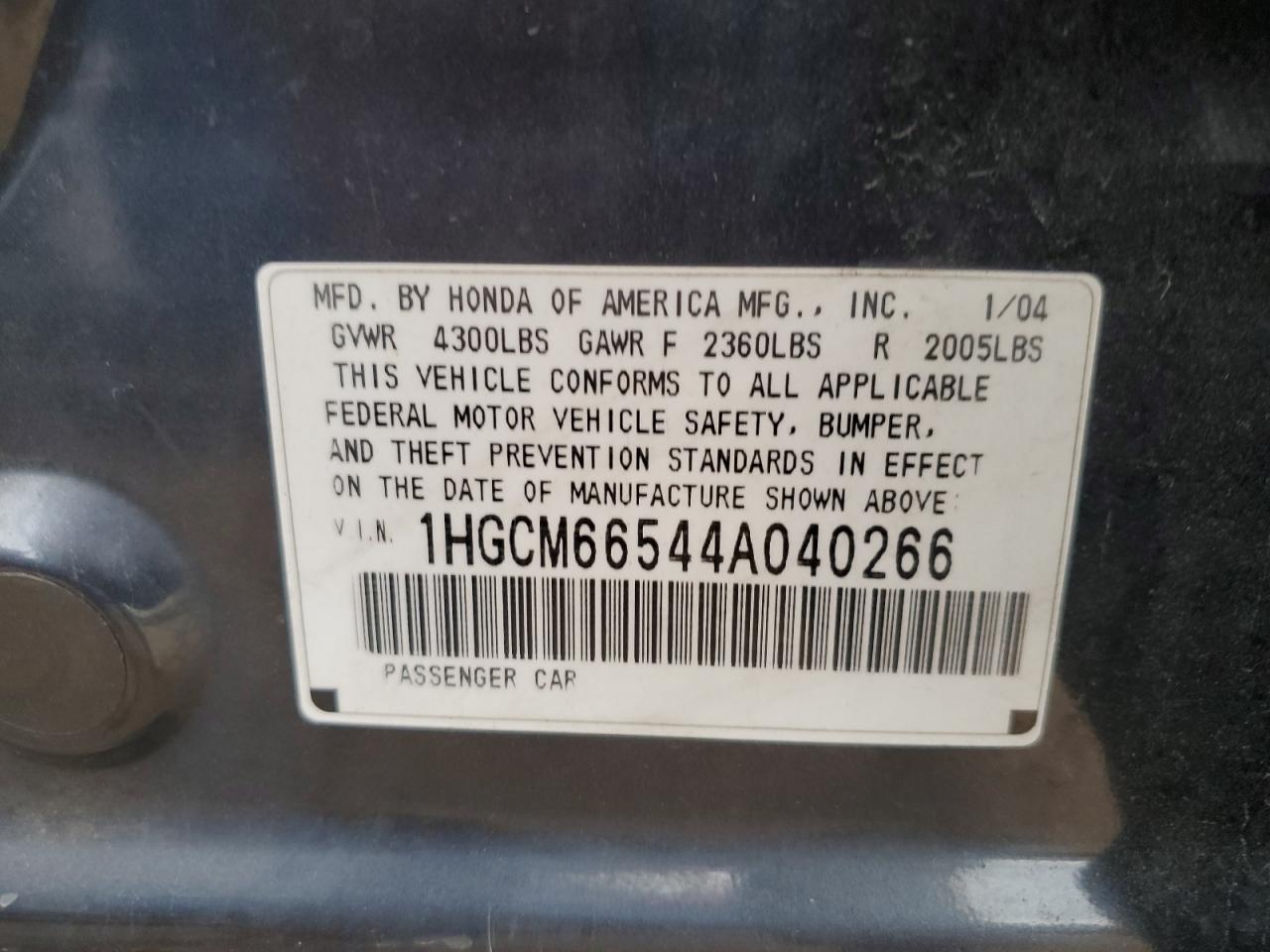 2004 Honda Accord Ex VIN: 1HGCM66544A040266 Lot: 65485044