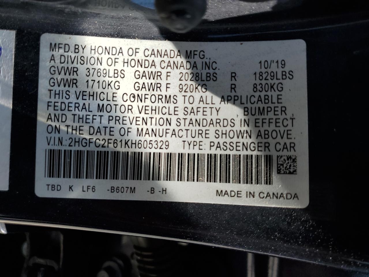 2HGFC2F61KH605329 2019 Honda Civic Lx