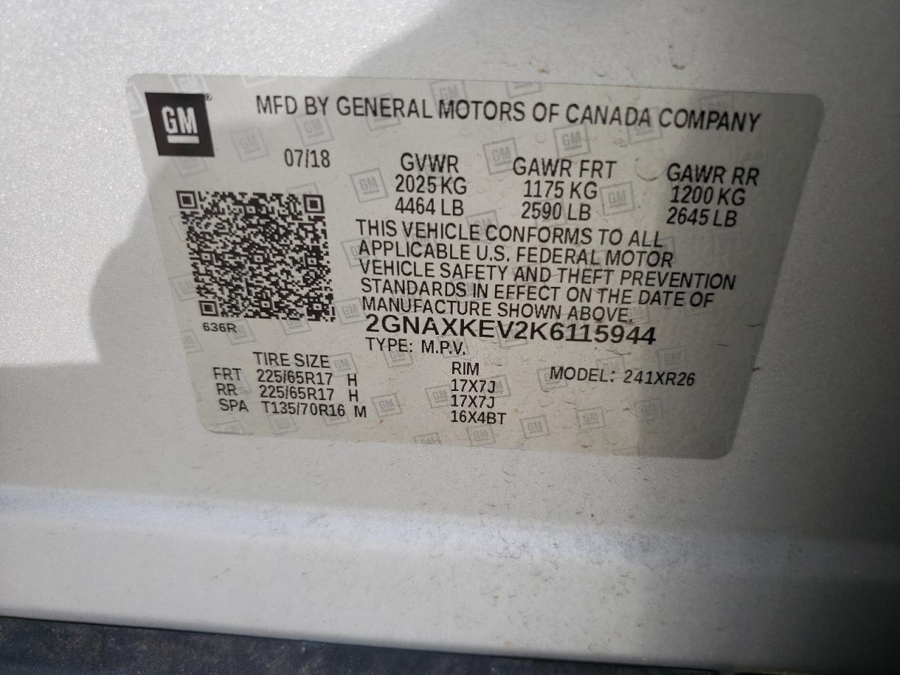 2019 Chevrolet Equinox Lt VIN: 2GNAXKEV2K6115944 Lot: 63873944