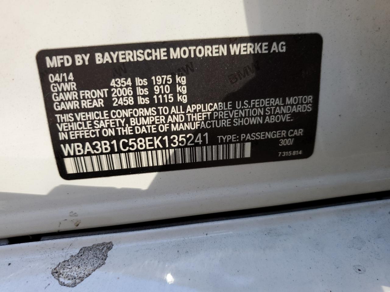 2014 BMW 320 I VIN: WBA3B1C58EK135241 Lot: 65408764