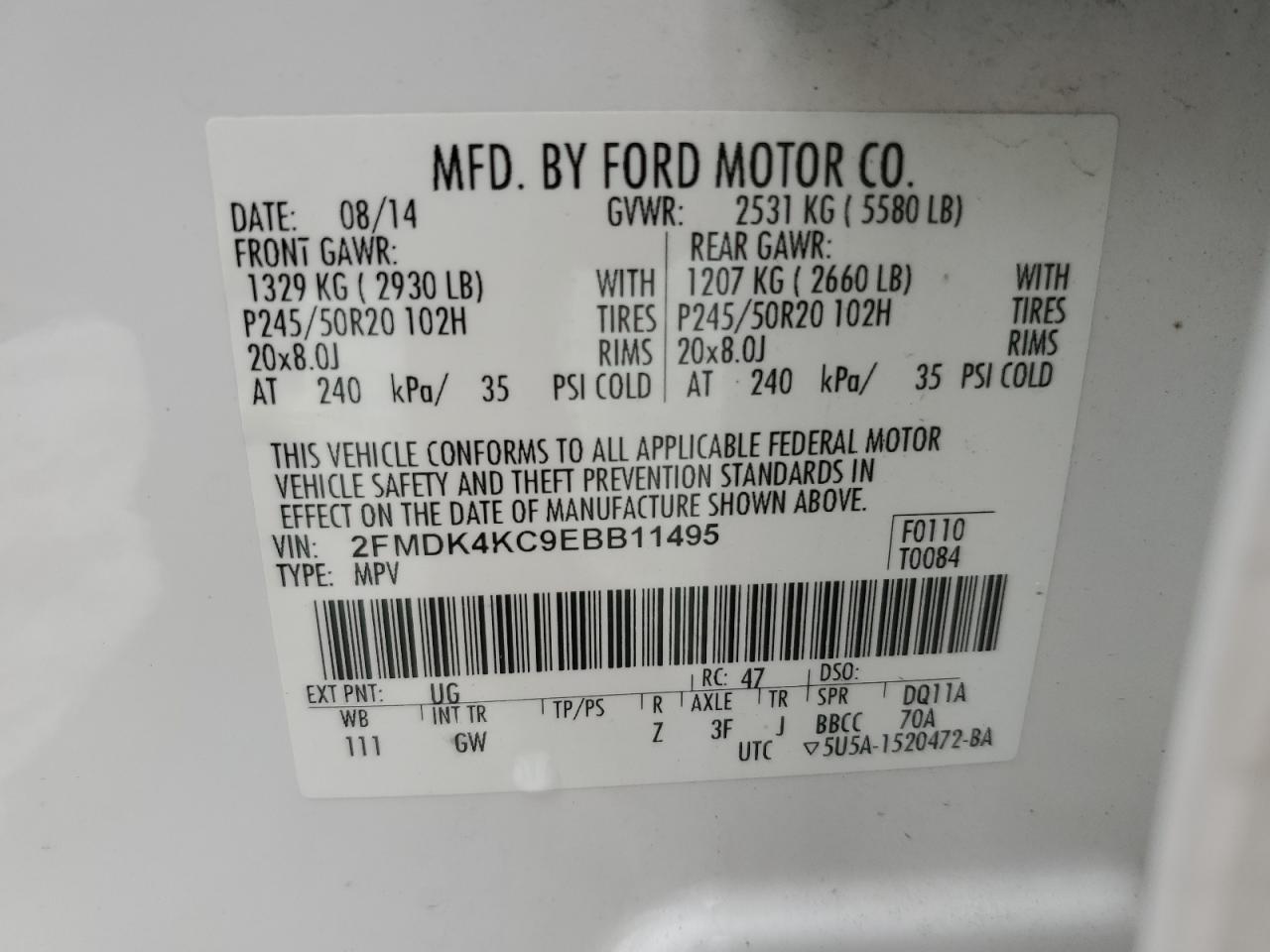 2FMDK4KC9EBB11495 2014 Ford Edge Limited