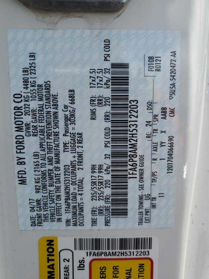 2017 Ford Mustang VIN: 1FA6P8AM2H5312203 Lot: 63890074