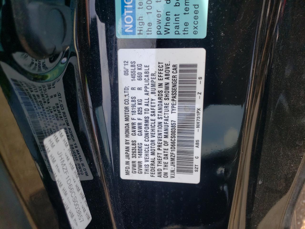 2012 Honda Cr-Z Ex VIN: JHMZF1D66CS003857 Lot: 63527484