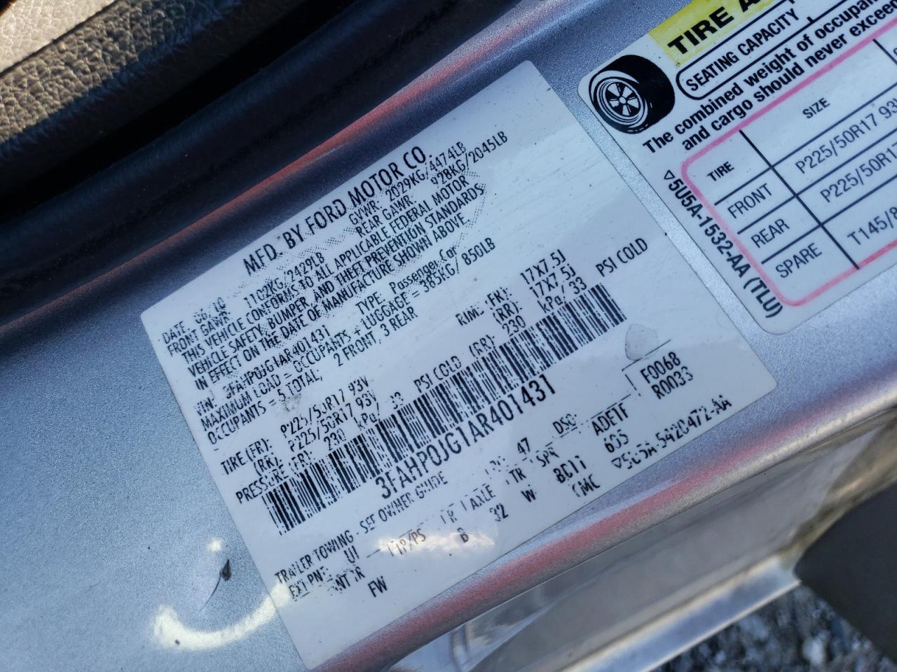 2010 Ford Fusion Sel VIN: 3FAHP0JG1AR401431 Lot: 62858104