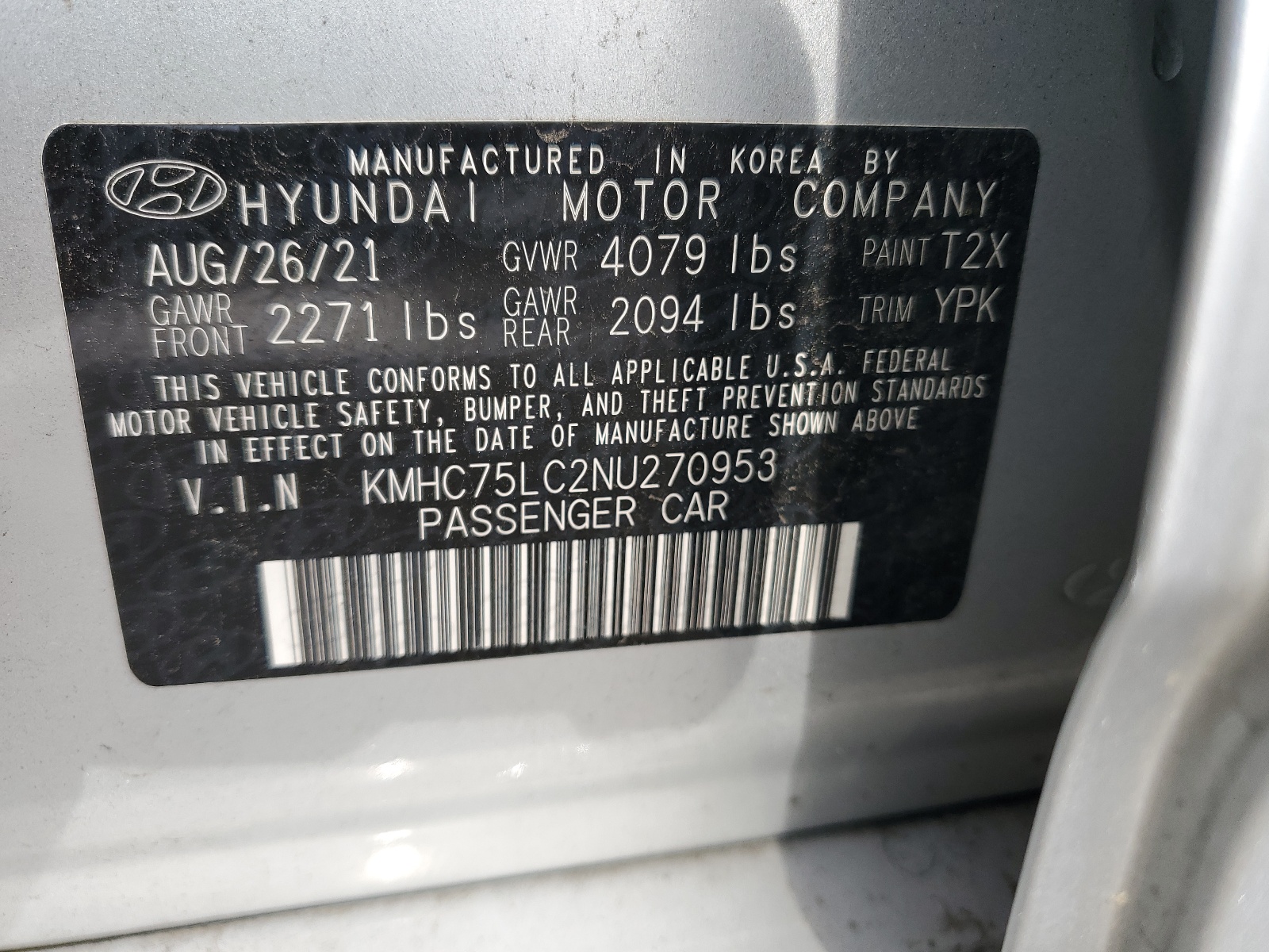 KMHC75LC2NU270953 2022 Hyundai Ioniq Se