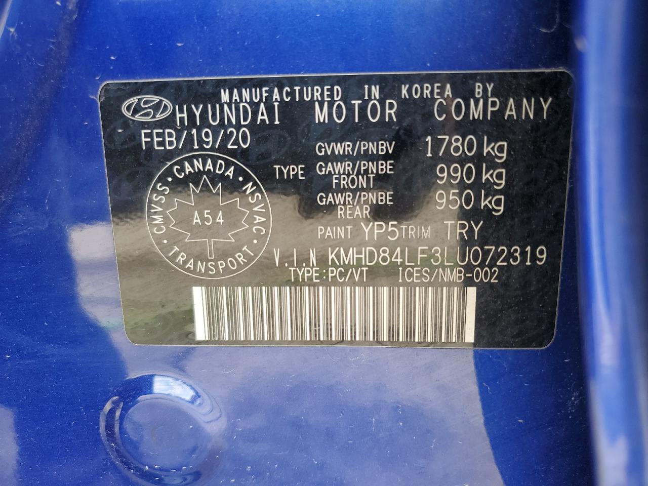 2020 Hyundai Elantra Sel VIN: KMHD84LF3LU072319 Lot: 63596204