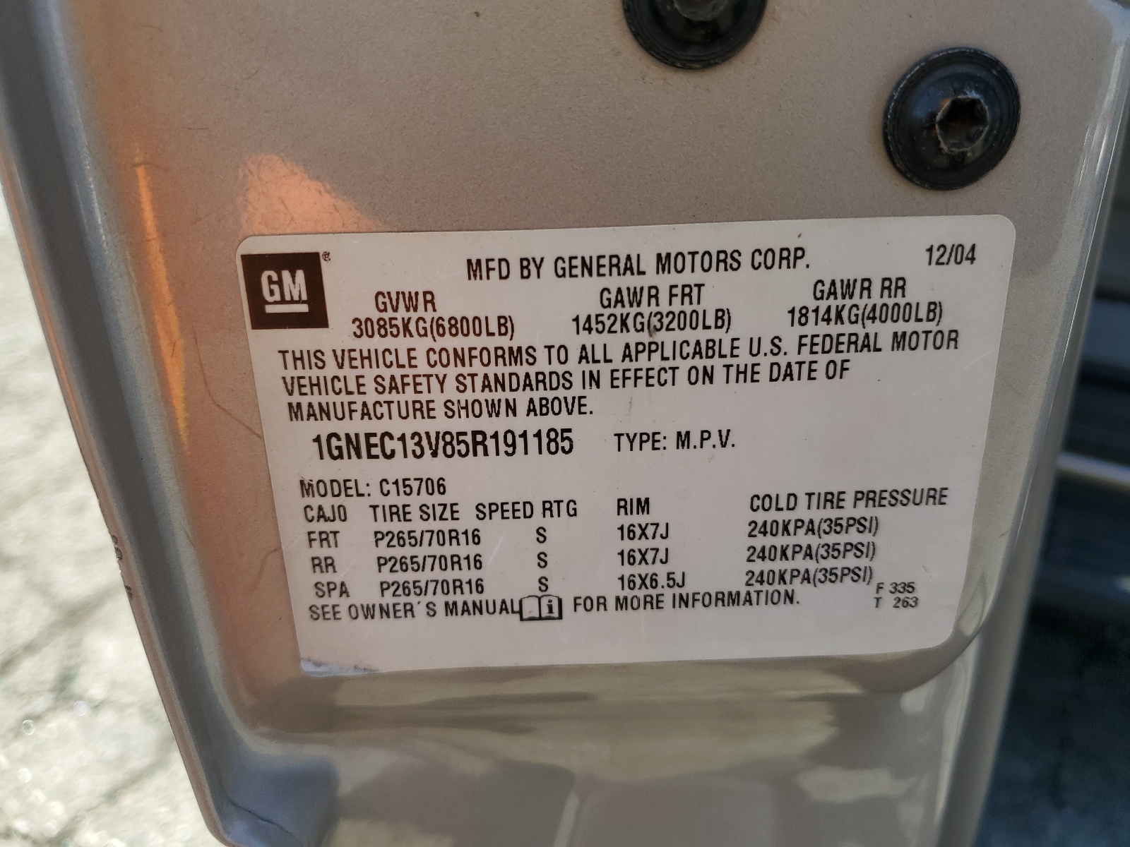 1GNEC13V85R191185 2005 Chevrolet Tahoe C1500