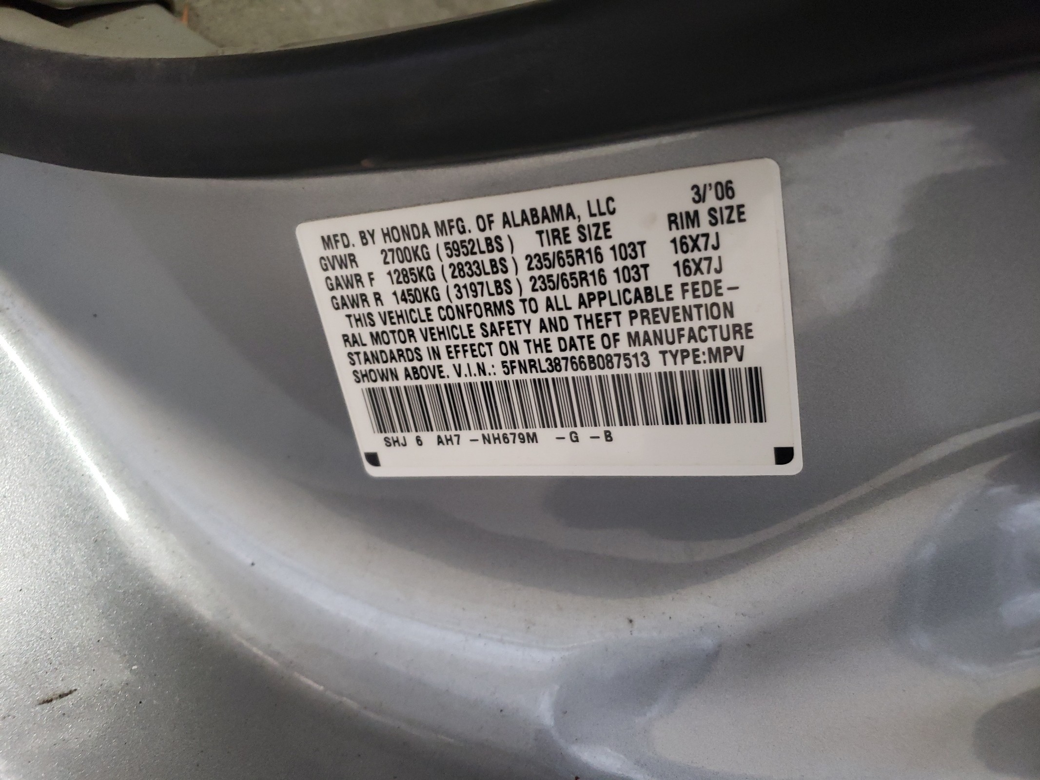 5FNRL38766B087513 2006 Honda Odyssey Exl