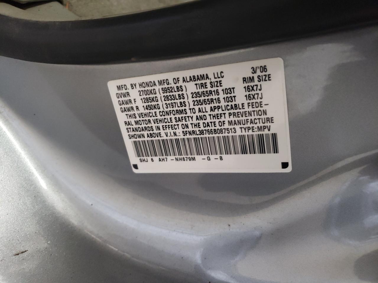 2006 Honda Odyssey Exl VIN: 5FNRL38766B087513 Lot: 64043474