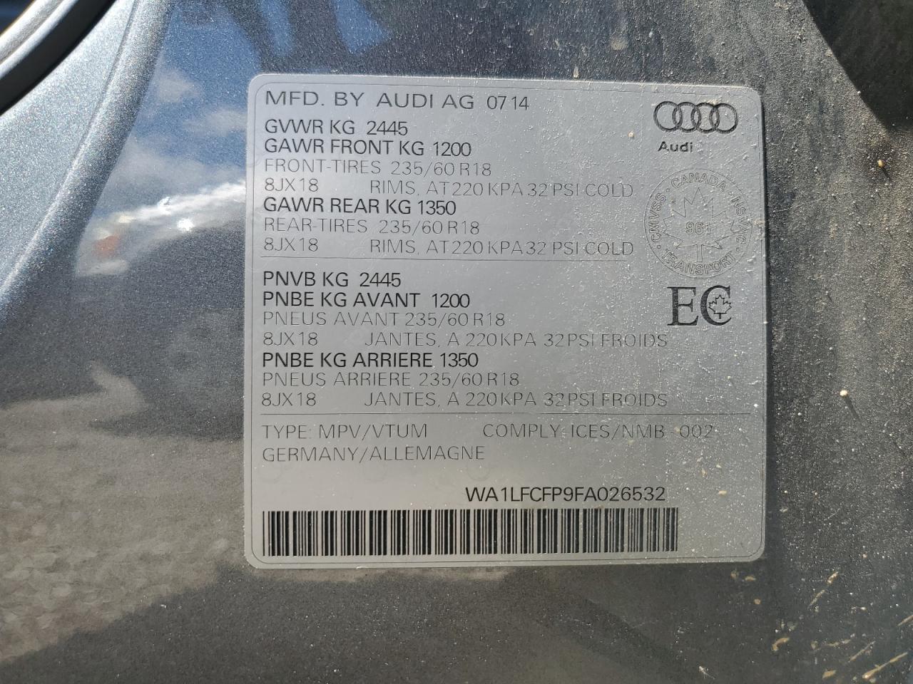 2015 Audi Q5 Premium Plus VIN: WA1LFCFP9FA026532 Lot: 61314704