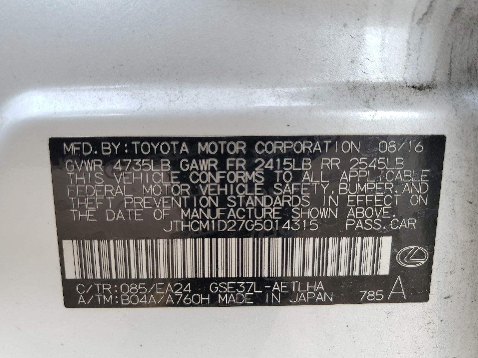 JTHCM1D27G5014315 2016 Lexus Is 300