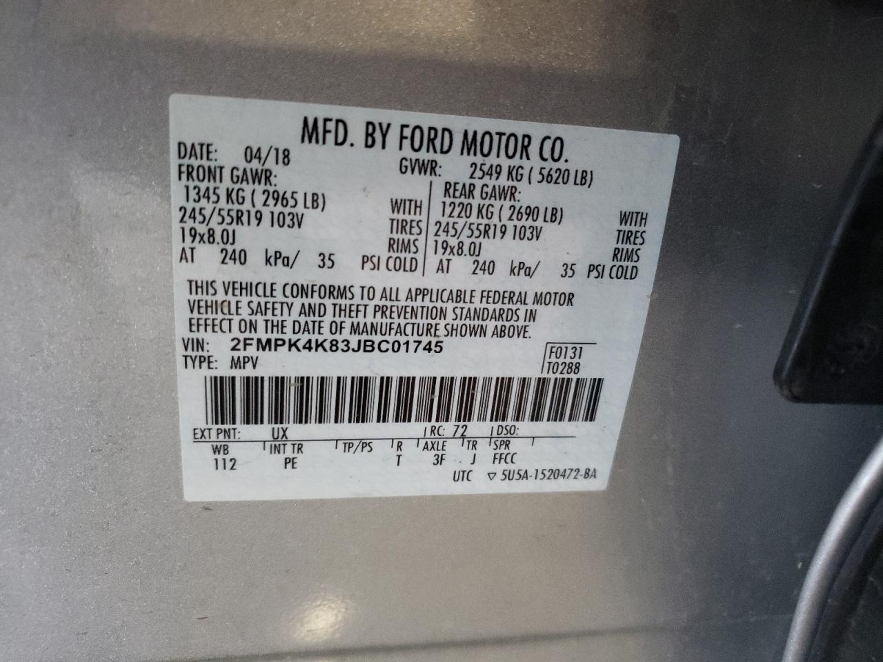 2018 Ford Edge Titanium VIN: 2FMPK4K83JBC01745 Lot: 64151004