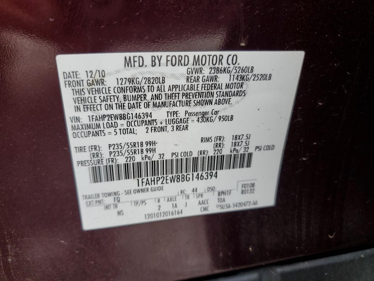 2011 Ford Taurus Sel VIN: 1FAHP2EW8BG146394 Lot: 61656694