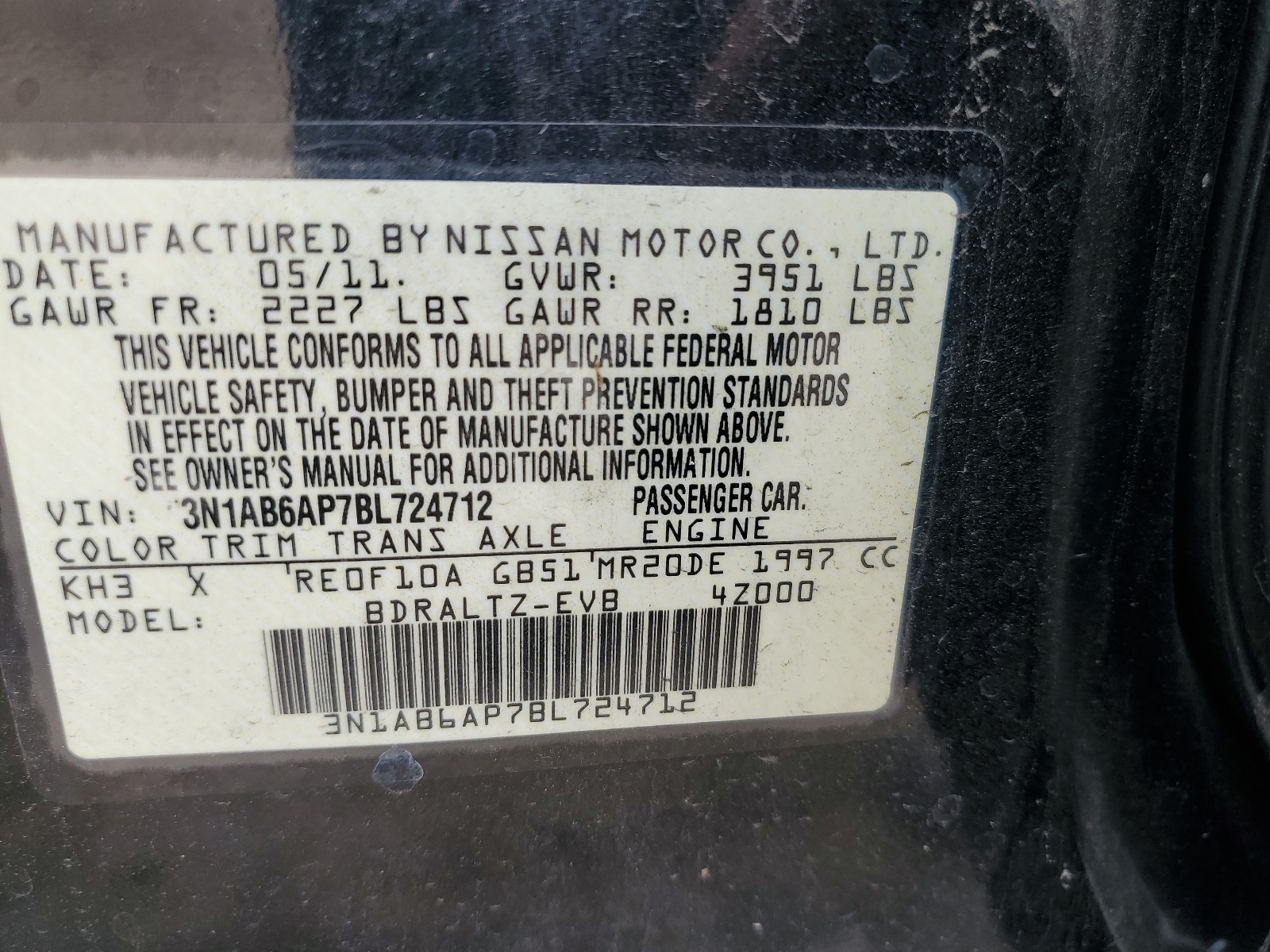 3N1AB6AP7BL724712 2011 Nissan Sentra 2.0