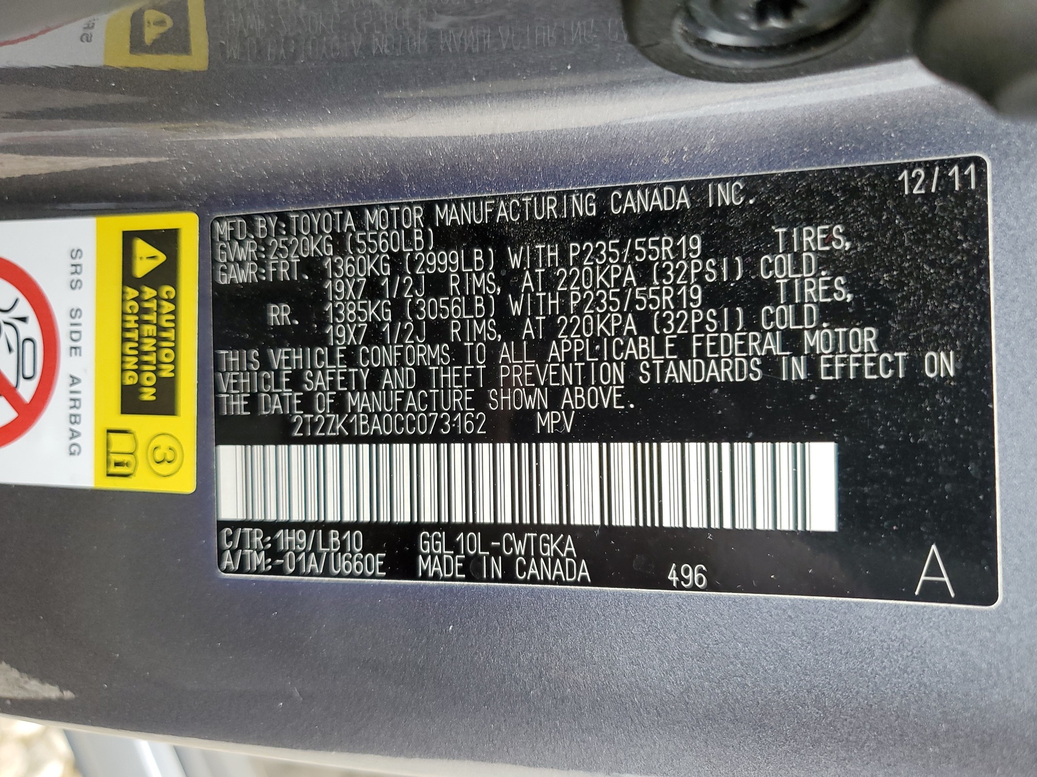 2T2ZK1BA0CC073162 2012 Lexus Rx 350