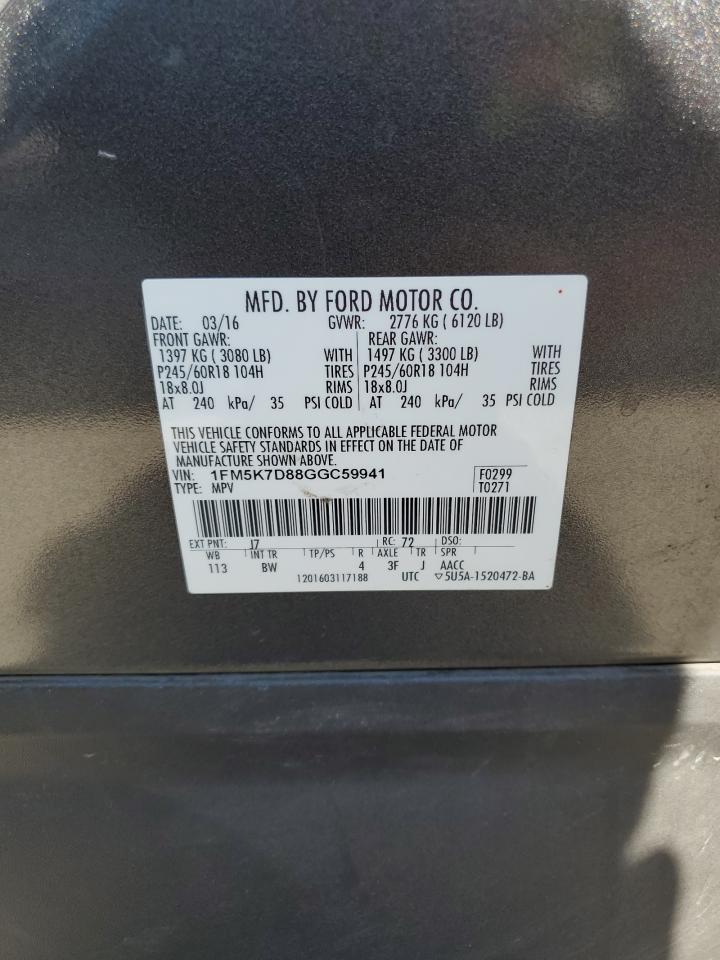 2016 Ford Explorer Xlt VIN: 1FM5K7D88GGC59941 Lot: 63857424