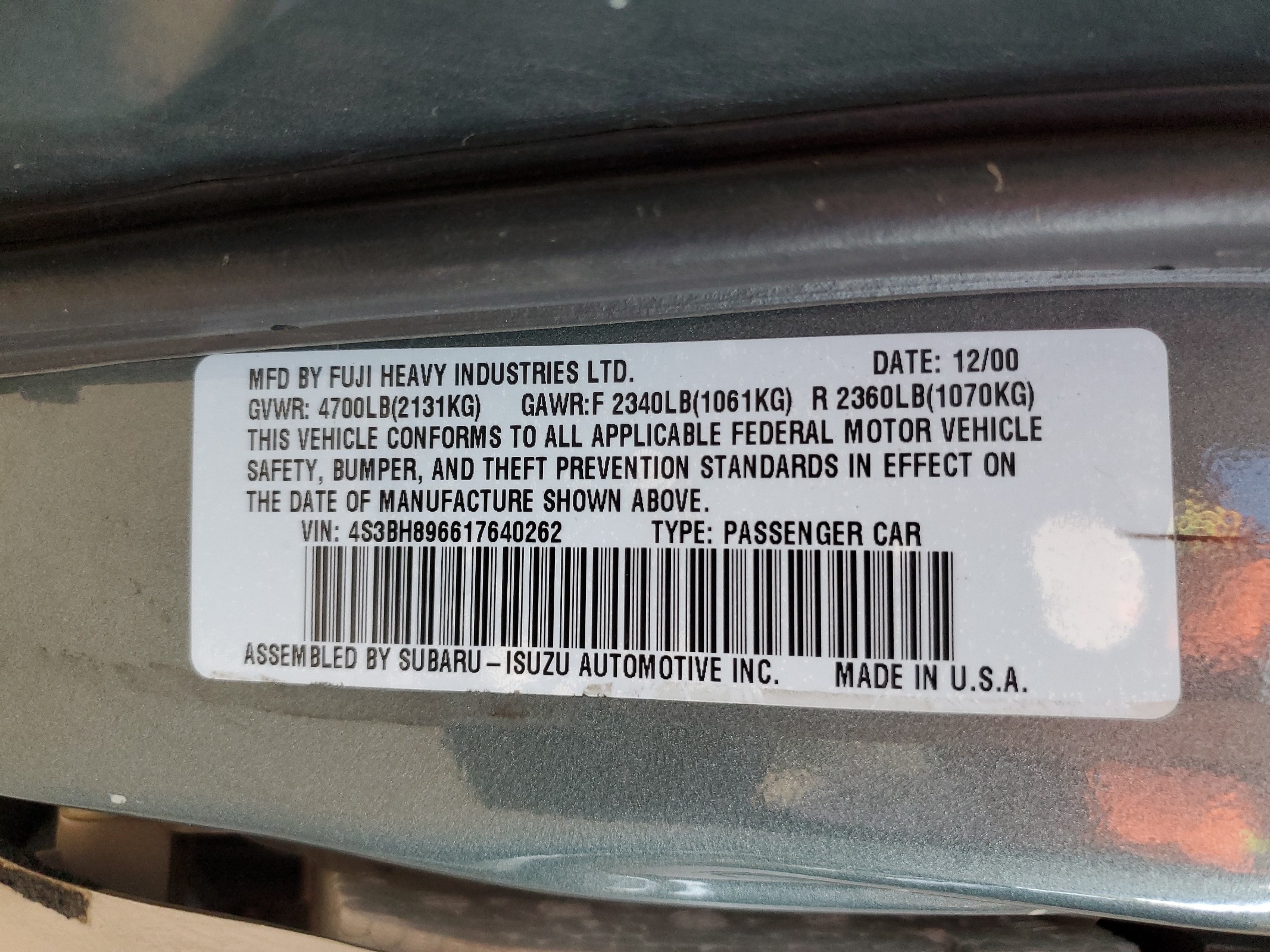 4S3BH896617640262 2001 Subaru Legacy Outback H6 3.0 Vdc