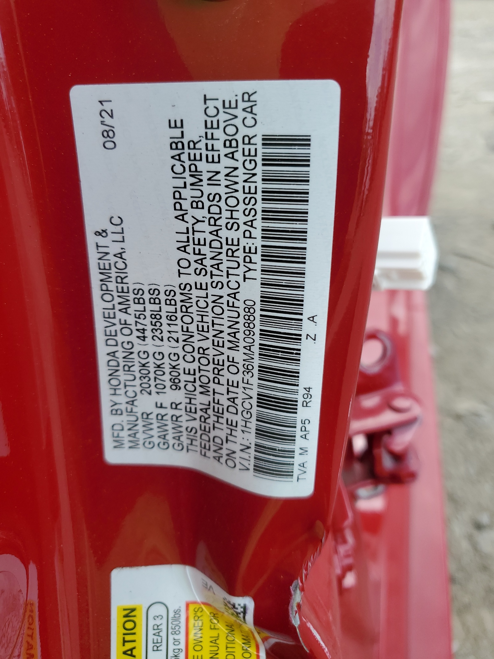 1HGCV1F36MA098880 2021 Honda Accord Sport