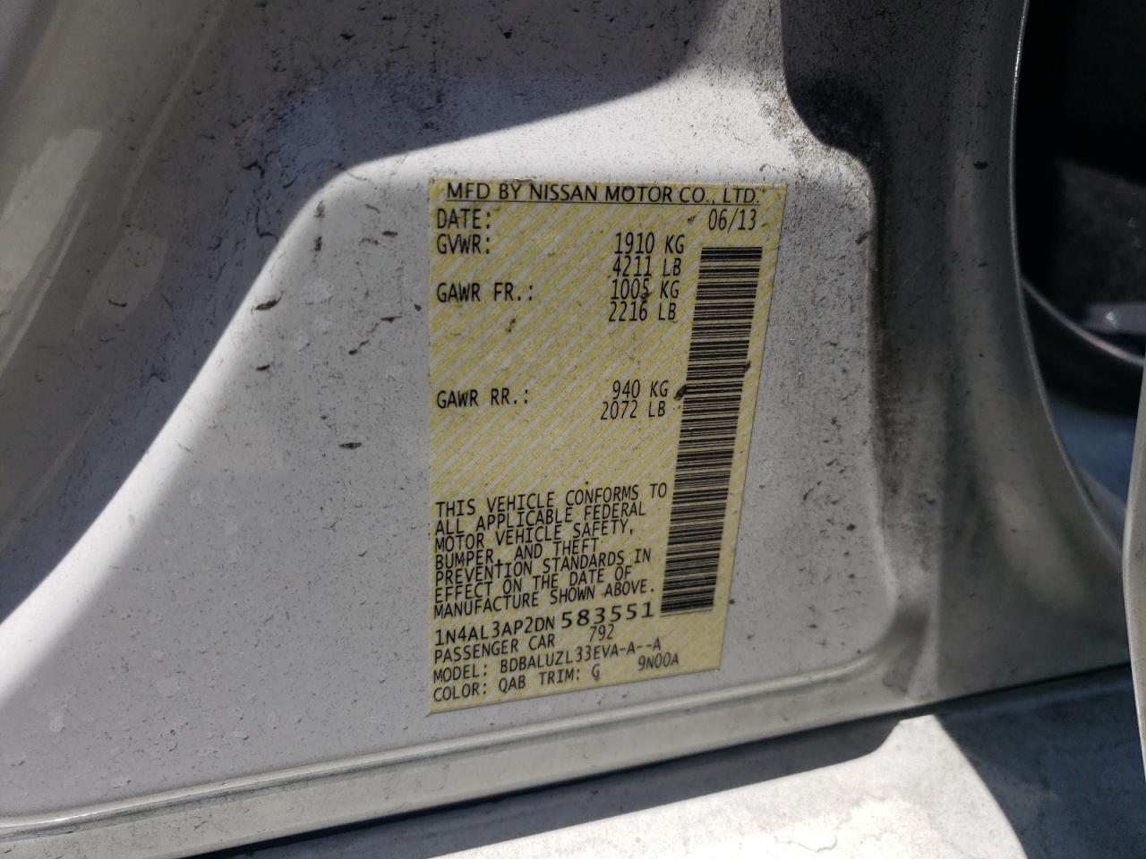 2013 Nissan Altima 2.5 VIN: 1N4AL3AP2DN583551 Lot: 64906734