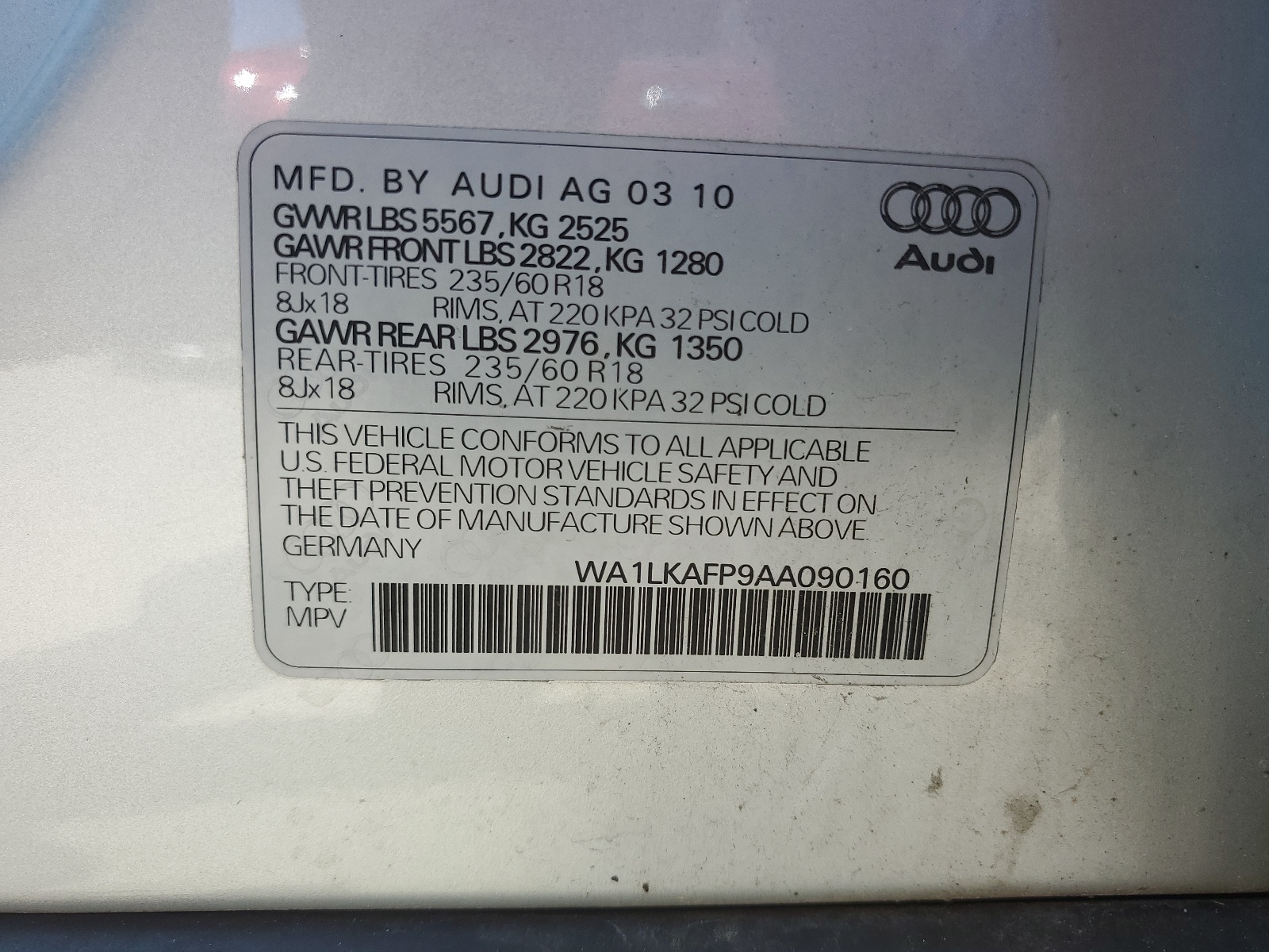 WA1LKAFP9AA090160 2010 Audi Q5 Premium Plus