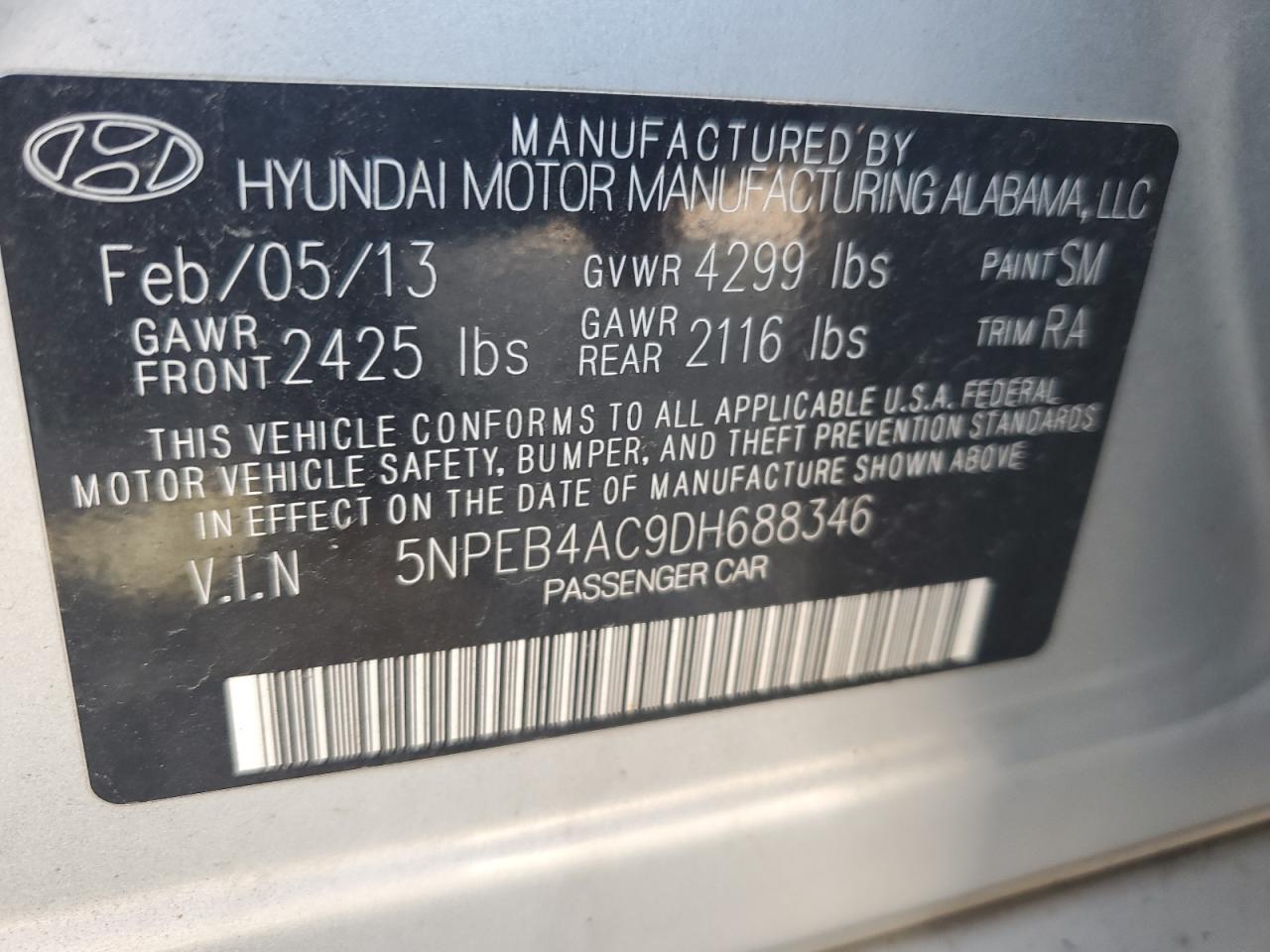 2013 Hyundai Sonata Gls VIN: 5NPEB4AC9DH688346 Lot: 64432584