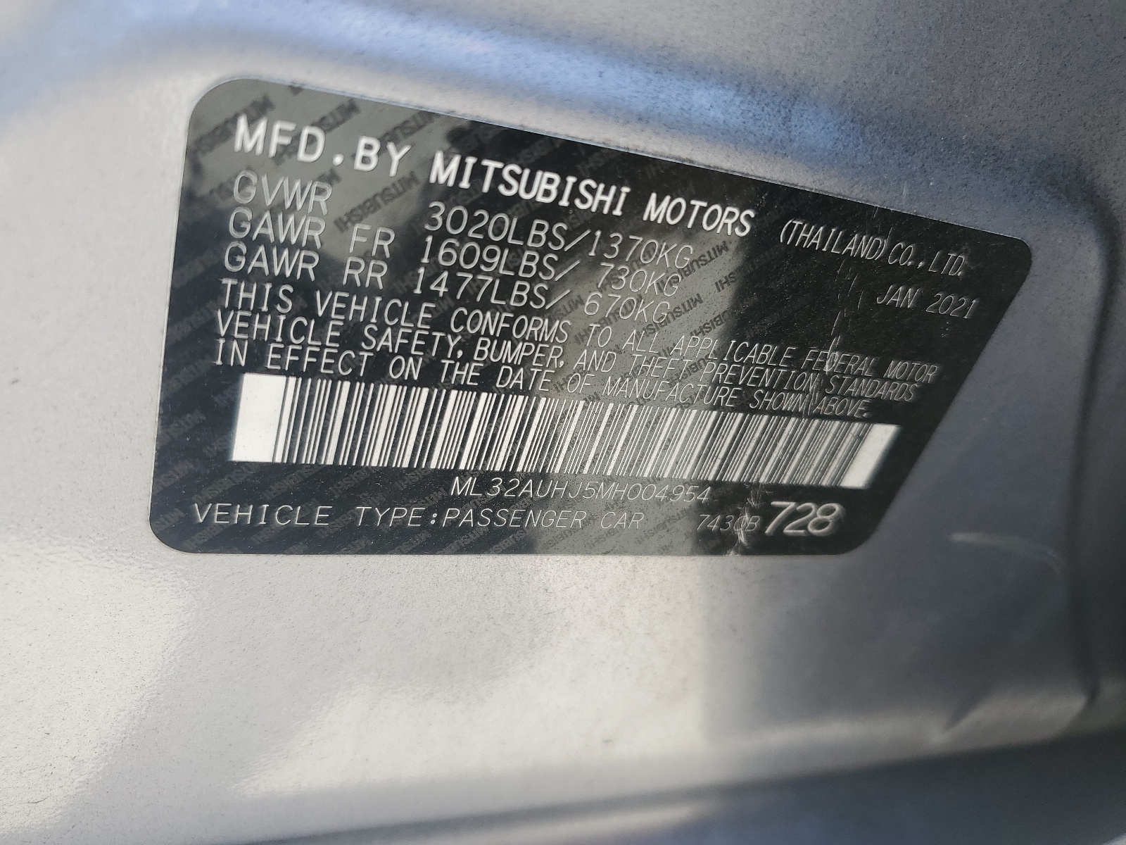 ML32AUHJ5MH004954 2021 Mitsubishi Mirage Es