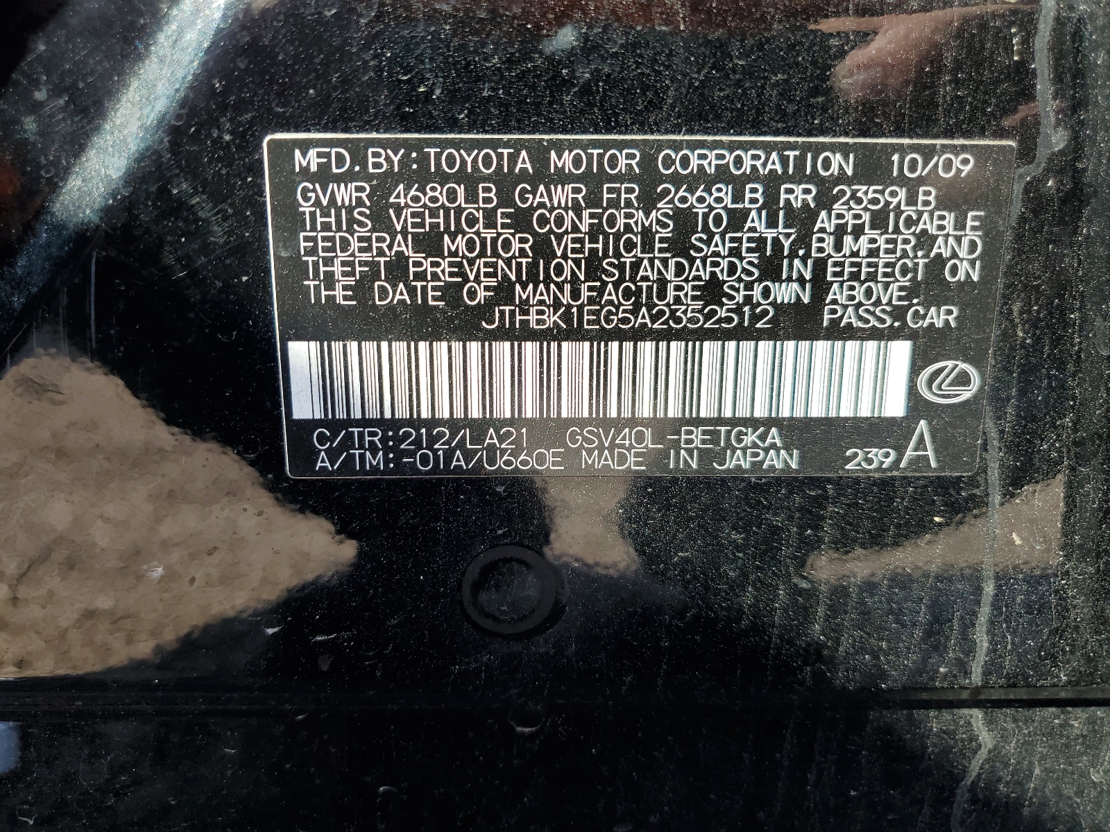 JTHBK1EG5A2352512 2010 Lexus Es 350