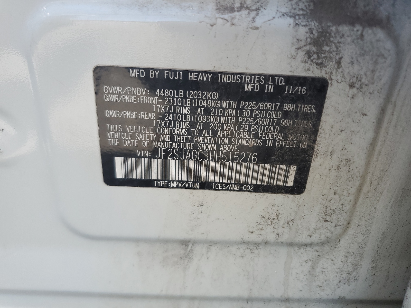 JF2SJAGC3HH515276 2017 Subaru Forester 2.5I Premium