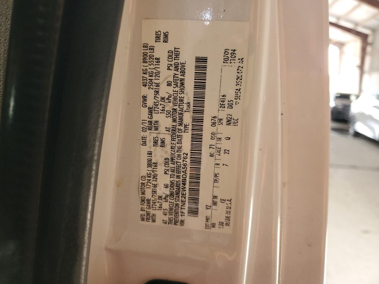 2011 Ford Econoline E250 Van VIN: 1FTNE2EW4BDA56762 Lot: 61093284