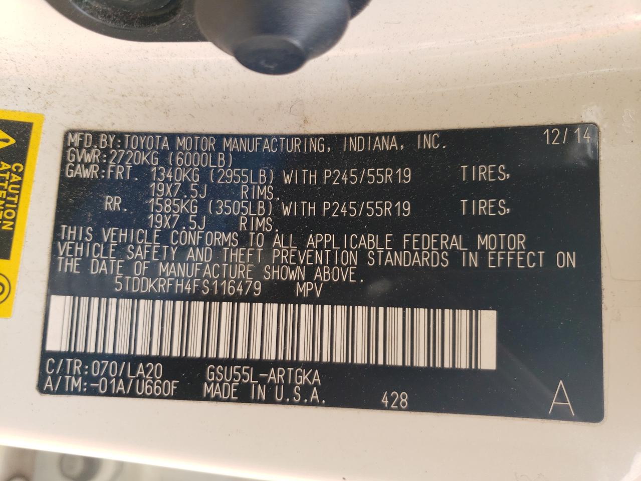 2015 Toyota Highlander Limited VIN: 5TDDKRFH4FS116479 Lot: 63986714