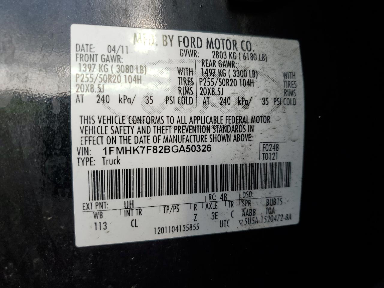 2011 Ford Explorer Limited VIN: 1FMHK7F82BGA50326 Lot: 62958964