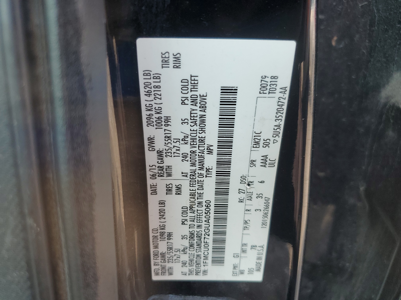 1FMCU0F72GUA05060 2016 Ford Escape S