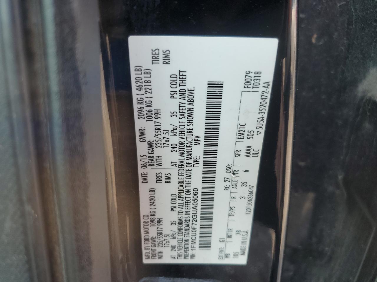 2016 Ford Escape S VIN: 1FMCU0F72GUA05060 Lot: 65119834