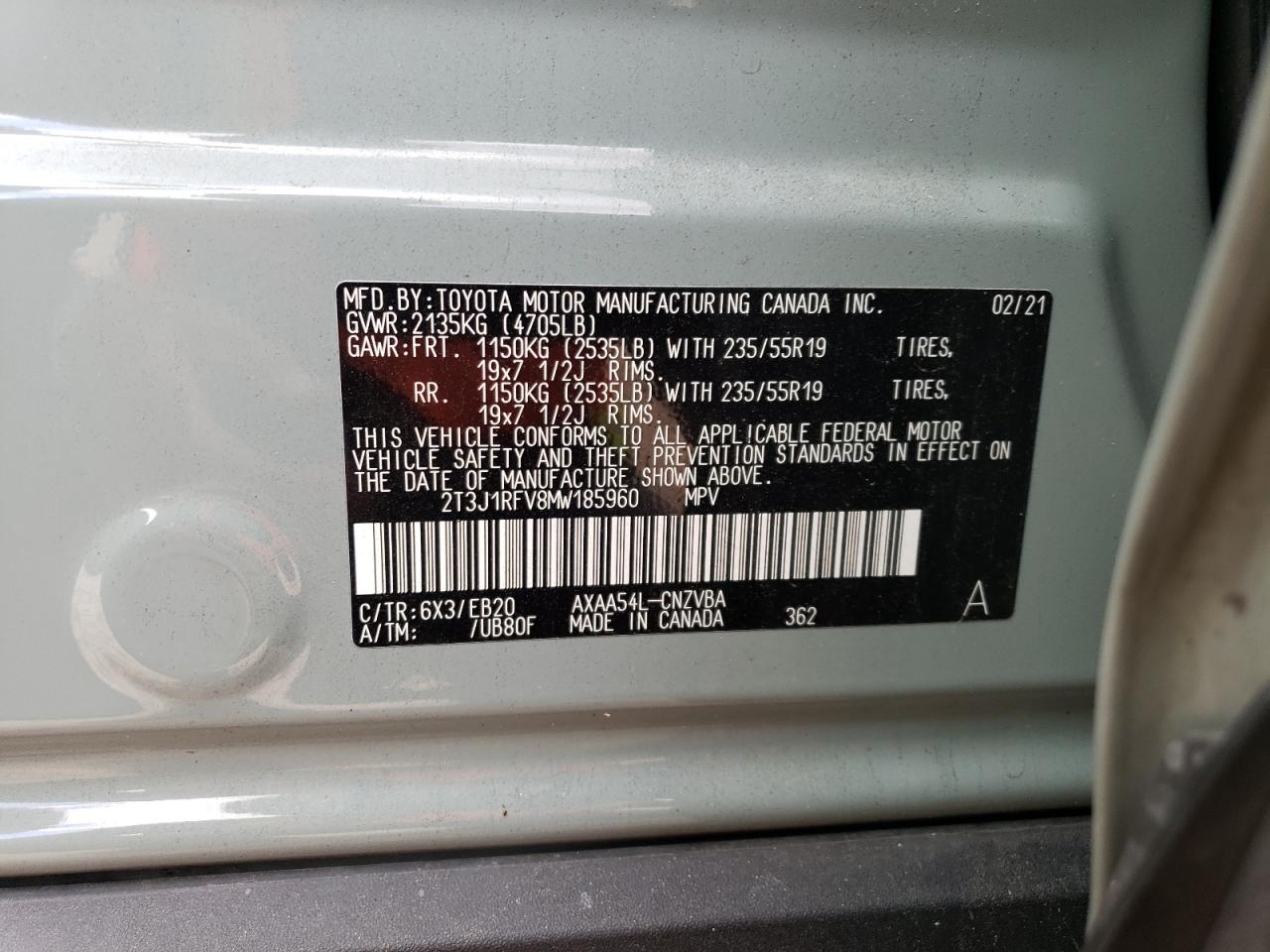 2T3J1RFV8MW185960 2021 Toyota Rav4 Adventure