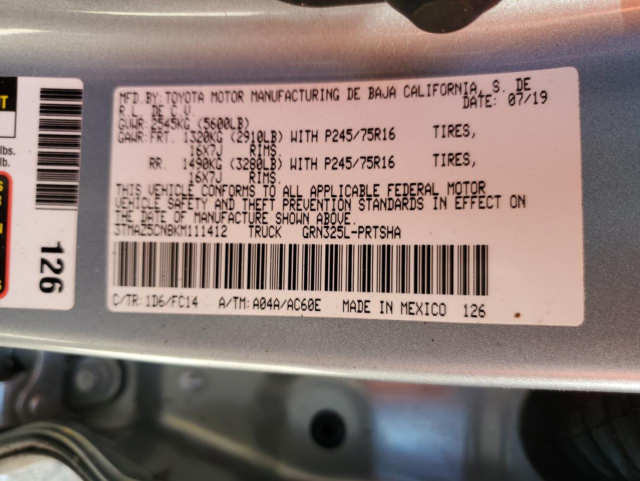 2019 Toyota Tacoma Double Cab VIN: 3TMAZ5CN8KM111412 Lot: 63682694