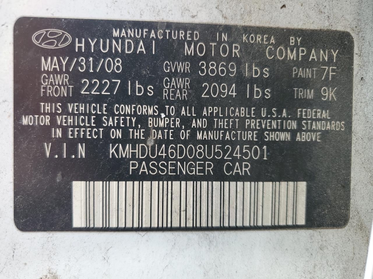 2008 Hyundai Elantra Gls VIN: KMHDU46D08U524501 Lot: 62252184