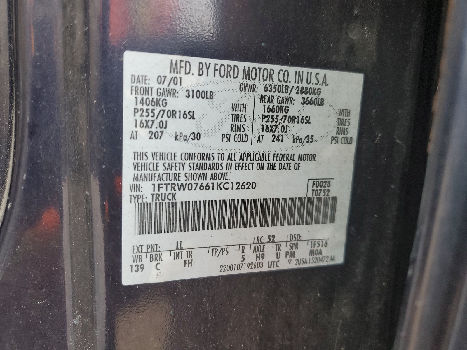 1FTRW07661KC12620 2001 Ford F150 Supercrew