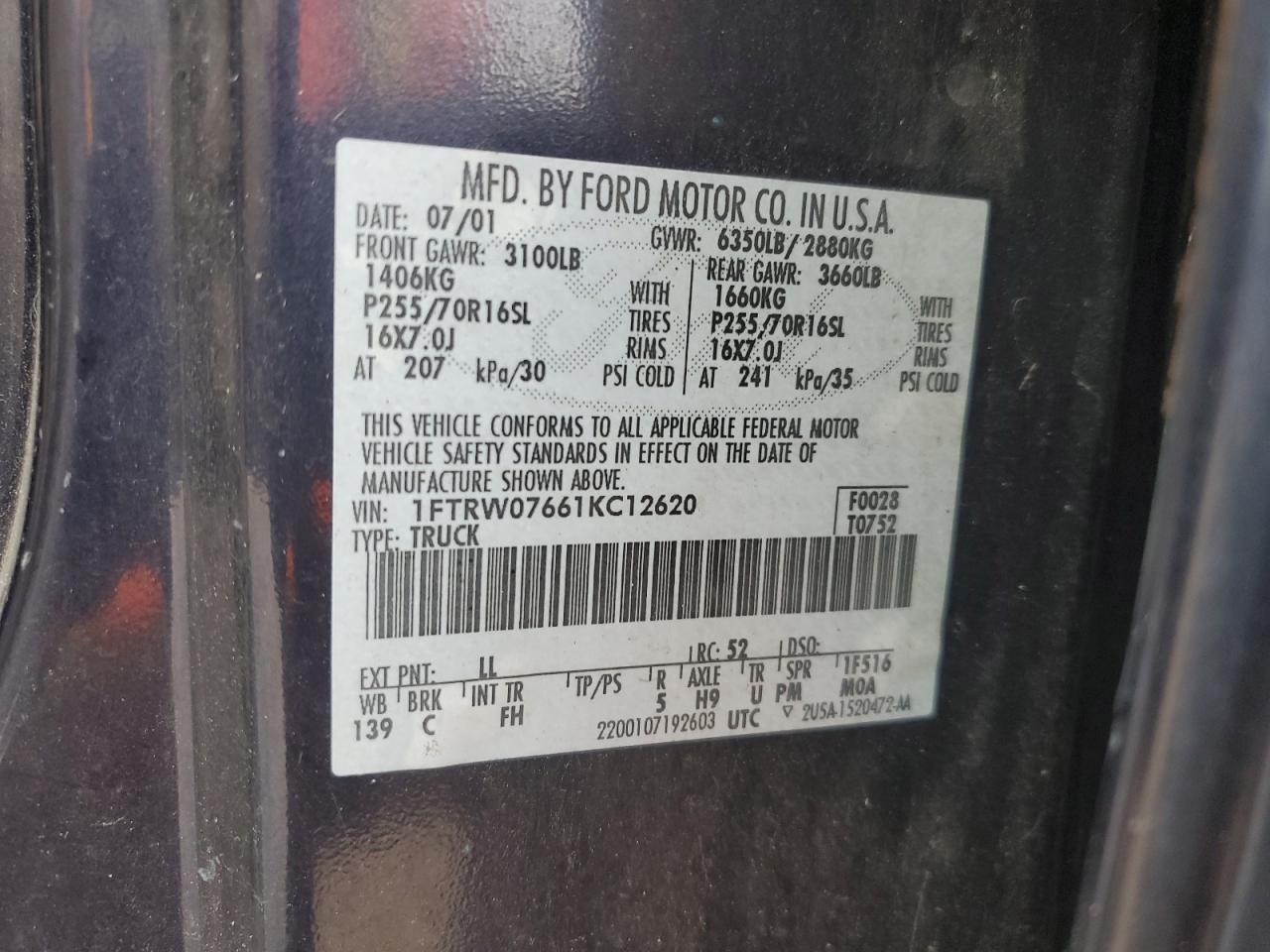 2001 Ford F150 Supercrew VIN: 1FTRW07661KC12620 Lot: 64626914