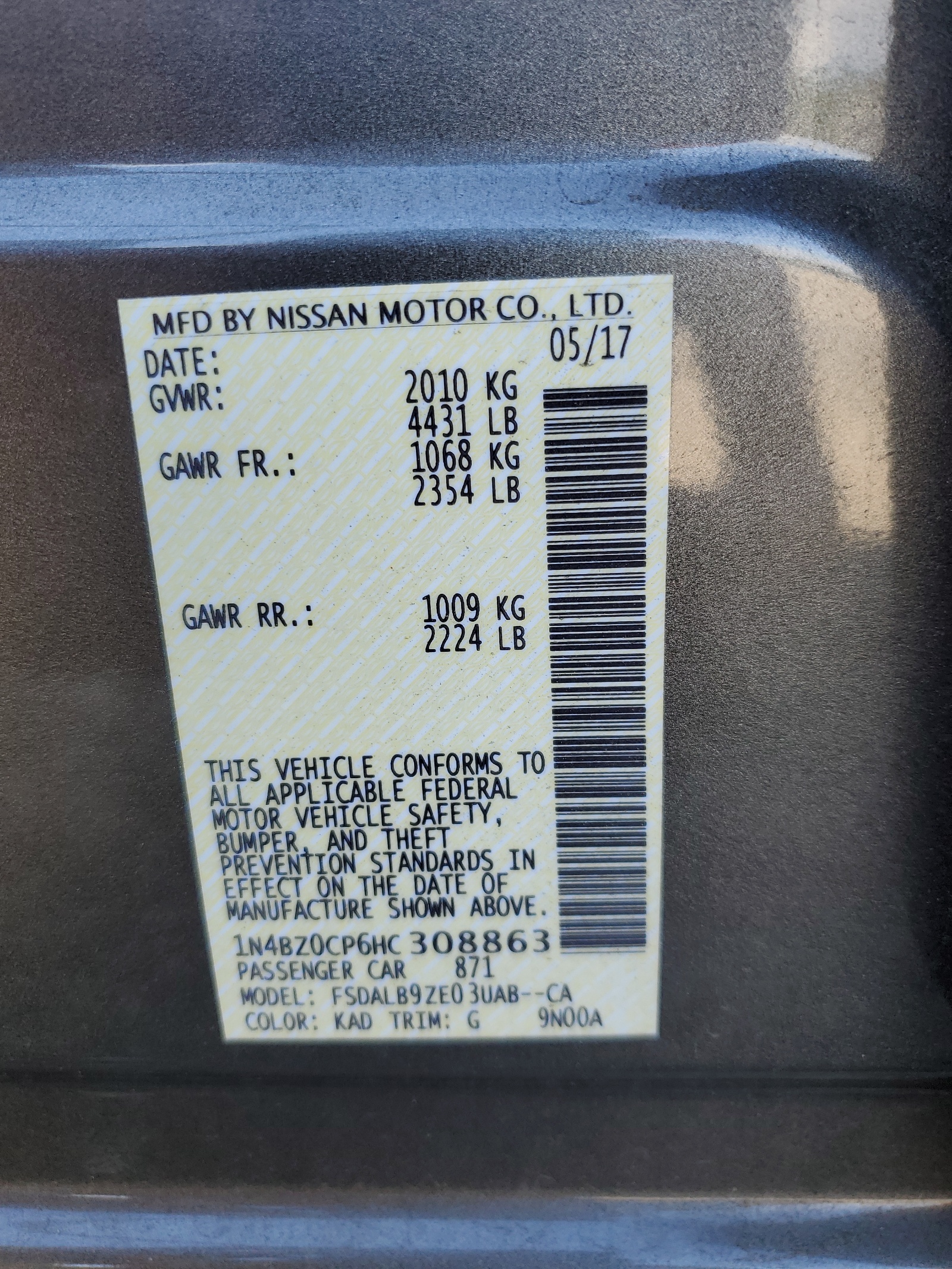 1N4BZ0CP6HC308863 2017 Nissan Leaf S