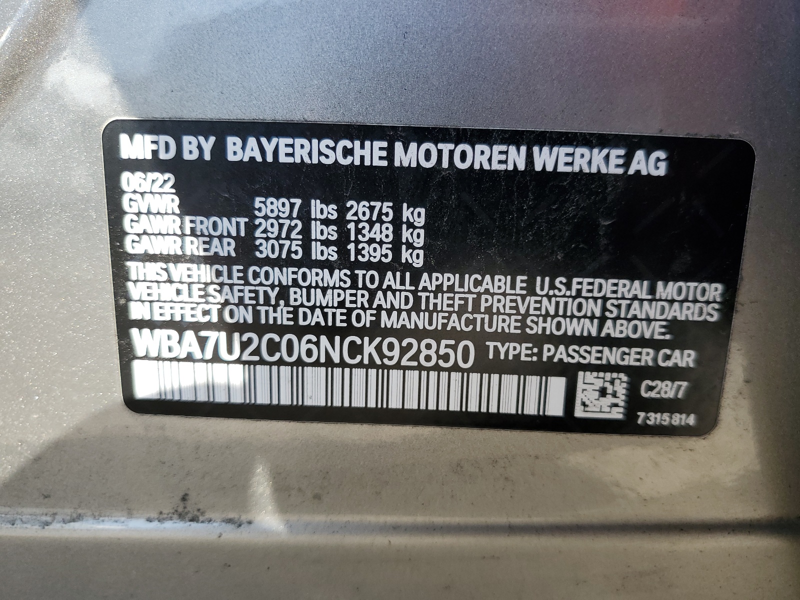 WBA7U2C06NCK92850 2022 BMW 750 Xi