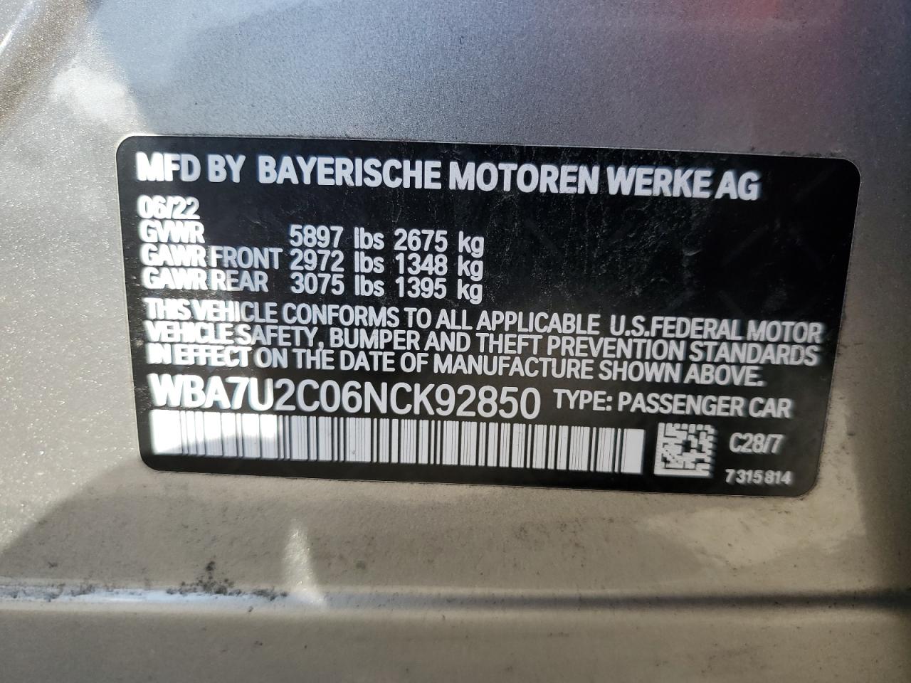 2022 BMW 750 Xi VIN: WBA7U2C06NCK92850 Lot: 61708444