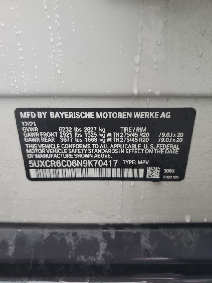 2022 BMW X5 xDrive40I VIN: 5UXCR6C06N9K70417 Lot: 64360814