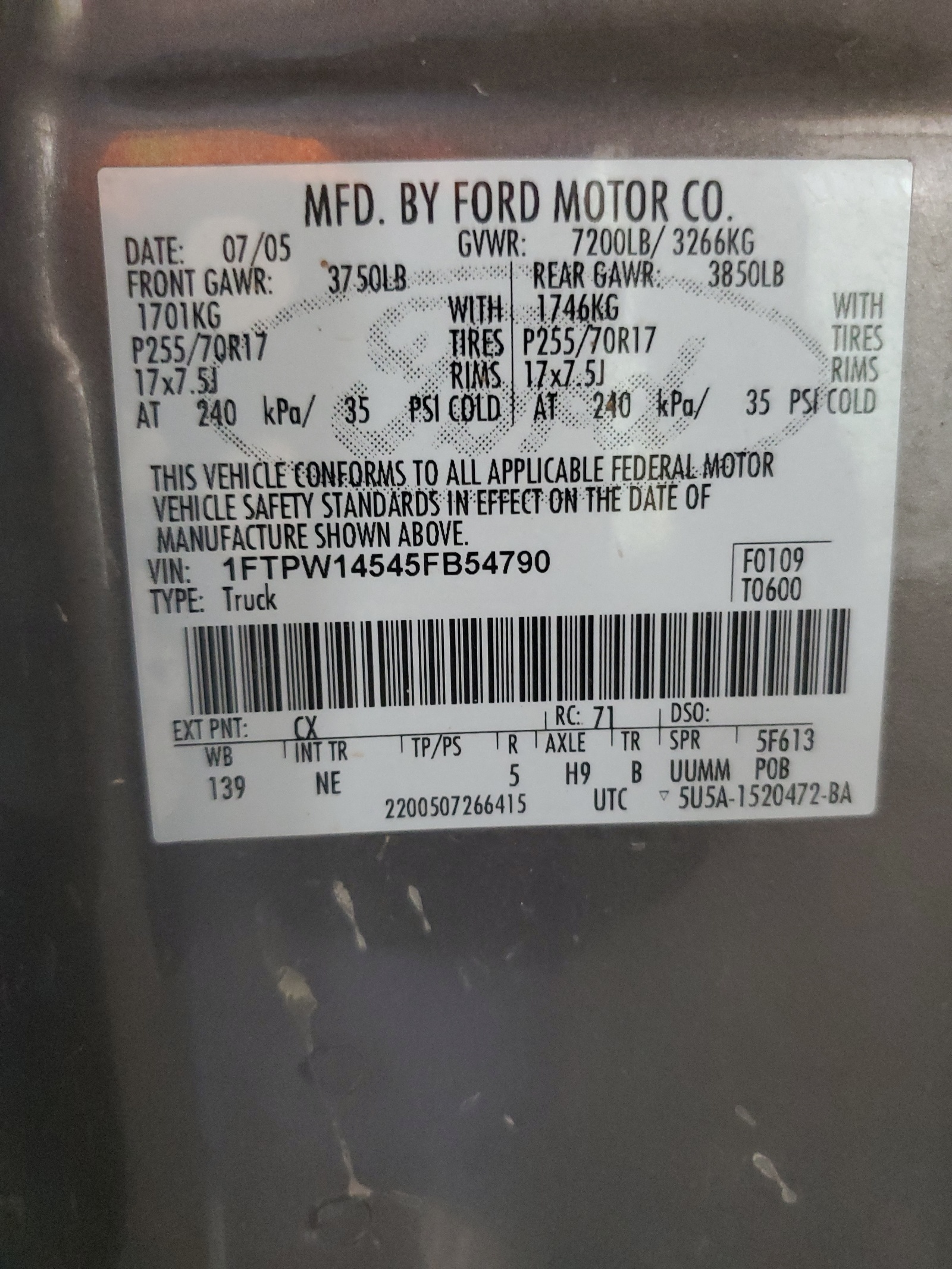 1FTPW14545FB54790 2005 Ford F150 Supercrew