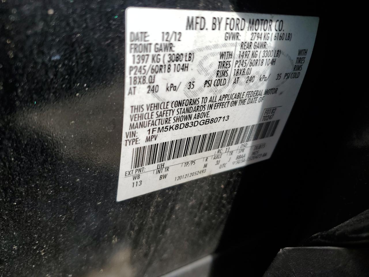 2013 Ford Explorer Xlt VIN: 1FM5K8D83DGB80713 Lot: 63285154