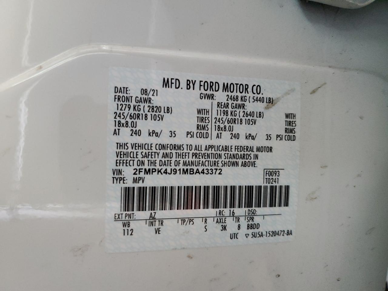 2021 Ford Edge Sel VIN: 2FMPK4J91MBA43372 Lot: 63993944