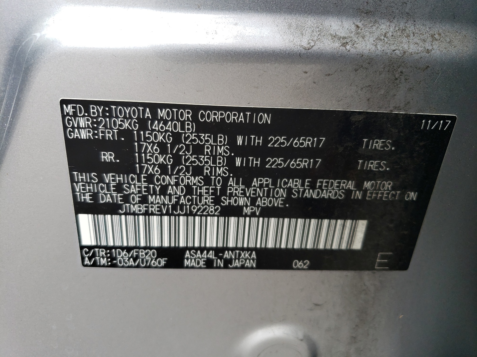 JTMBFREV1JJ192282 2018 Toyota Rav4 Le