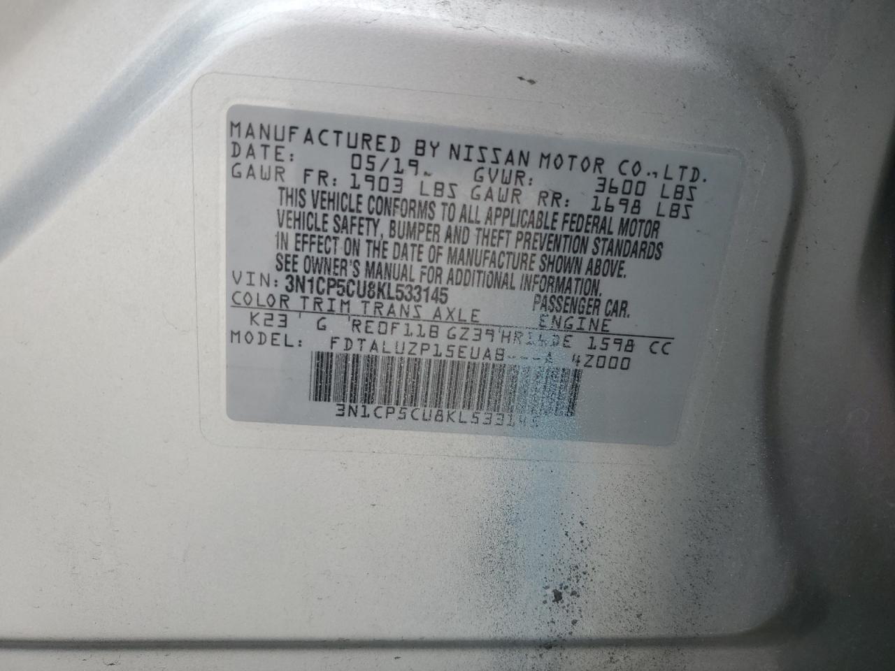 2019 Nissan Kicks S VIN: 3N1CP5CU8KL533145 Lot: 62858734