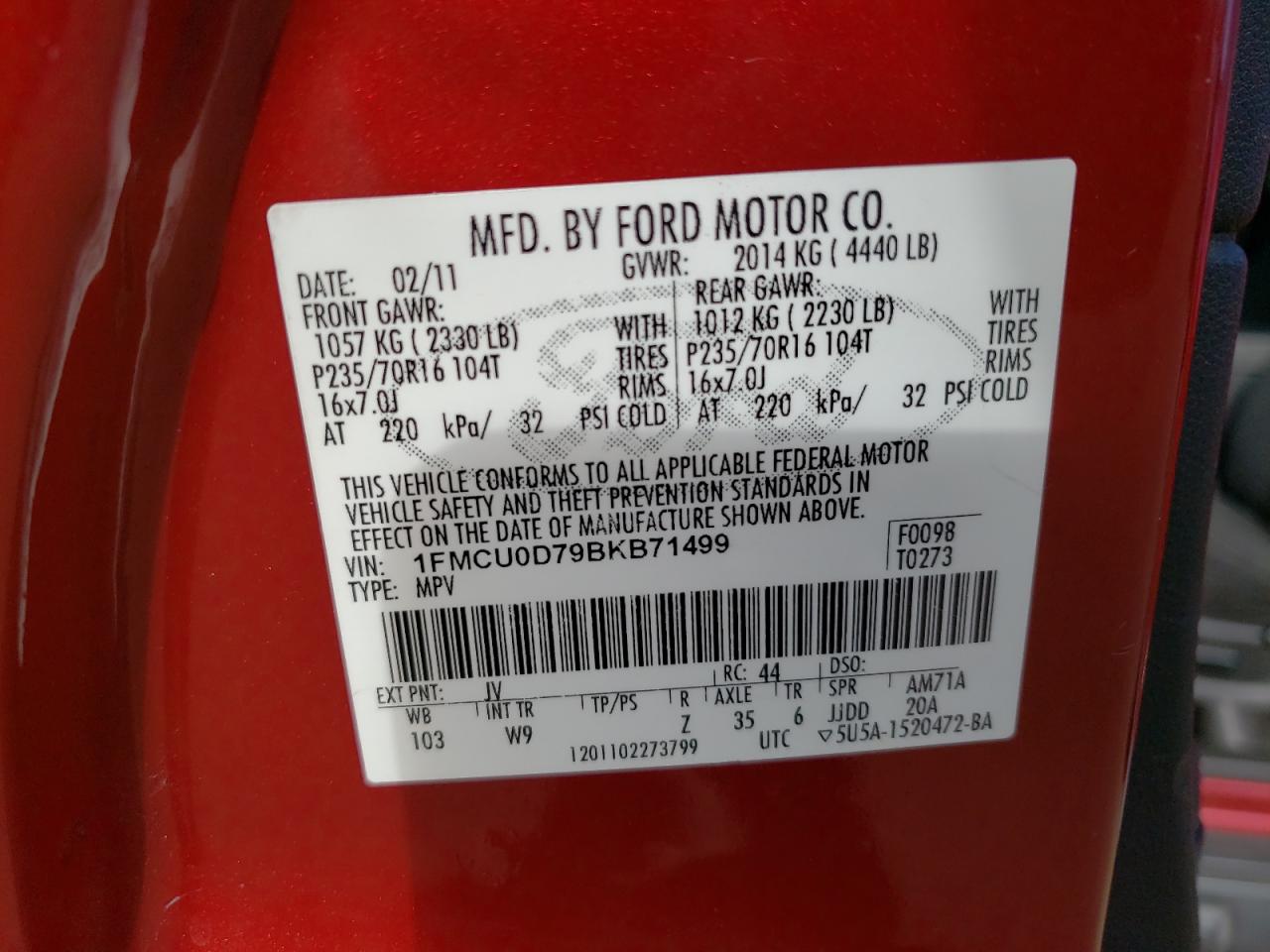 2011 Ford Escape Xlt VIN: 1FMCU0D79BKB71499 Lot: 61544404